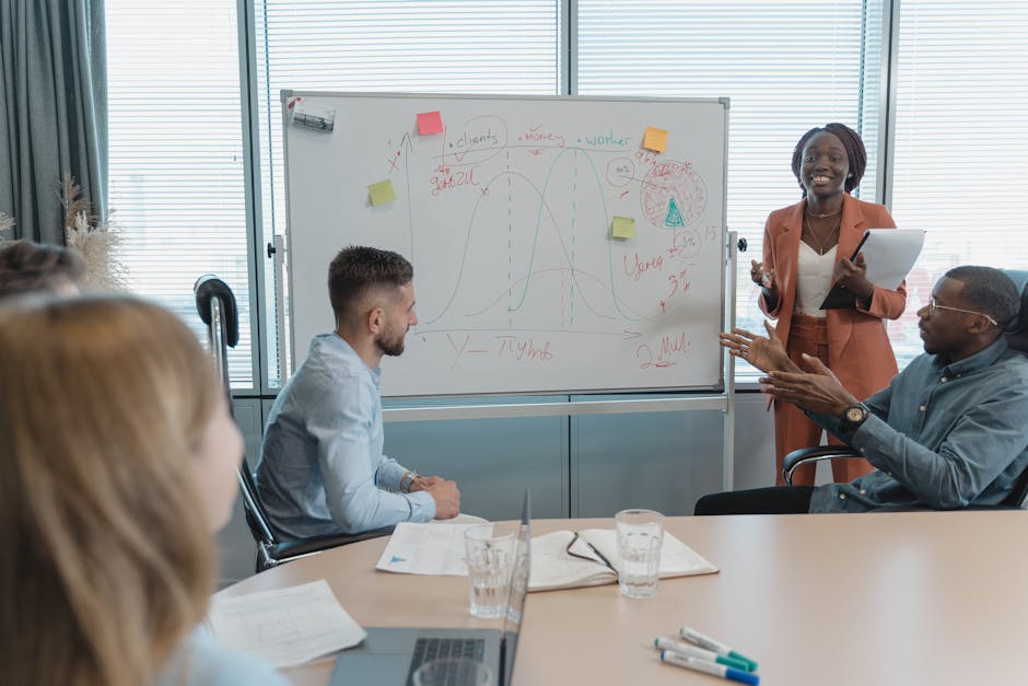 Multicultural team discussing strategies in a conference room with a whiteboard presentation